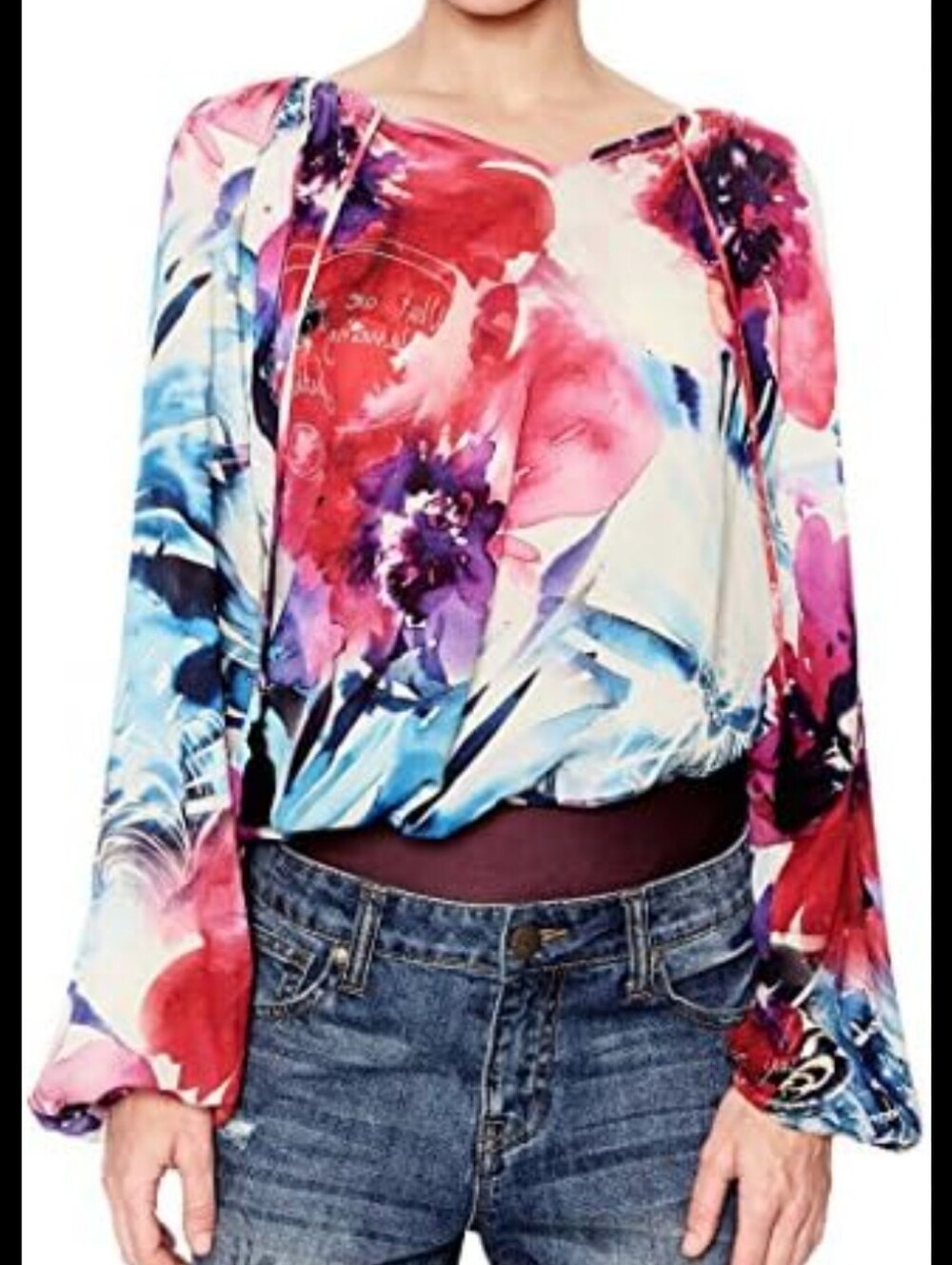 Desigual Women’s Floral Tie-Neck Blouse in Blue & Pink